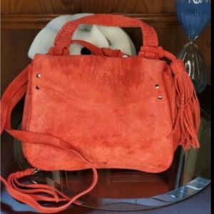 Elizabeth & James Red Suede Trapeze Crossbody Bag w/ Secret Front Flap Pocket